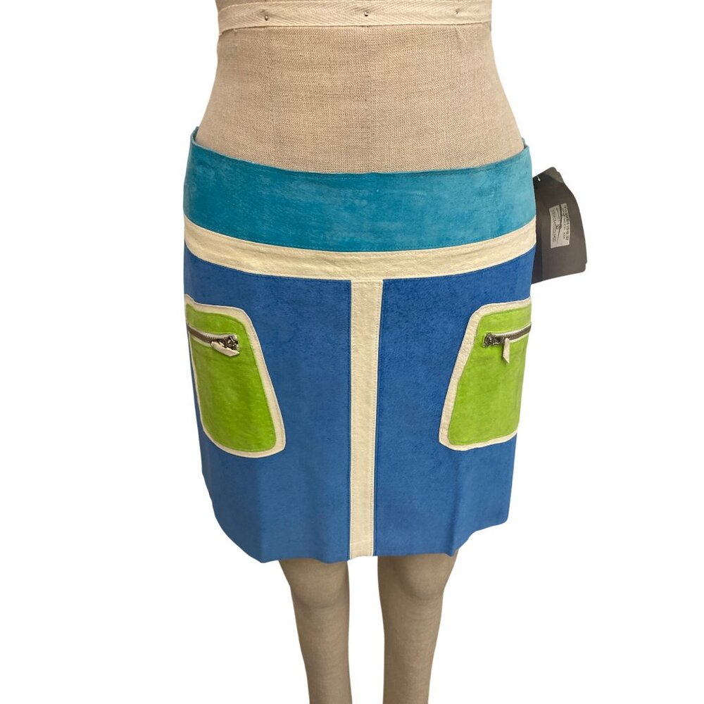 Vintage Y2K Illia Color-Block Leather Skirt MOD Style Mini Size 8 Blue/Green Wit